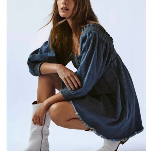 Free People This Is Everything denim Smocked Tie Neck Mini Dress M - Picture 5 of 12